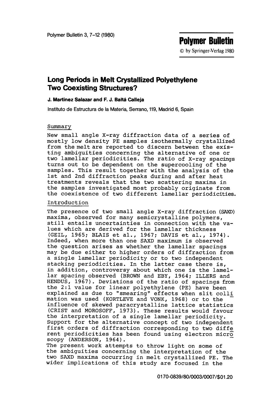Long periods in melt crystallized polyethylene two coexisting structures? by Unknown