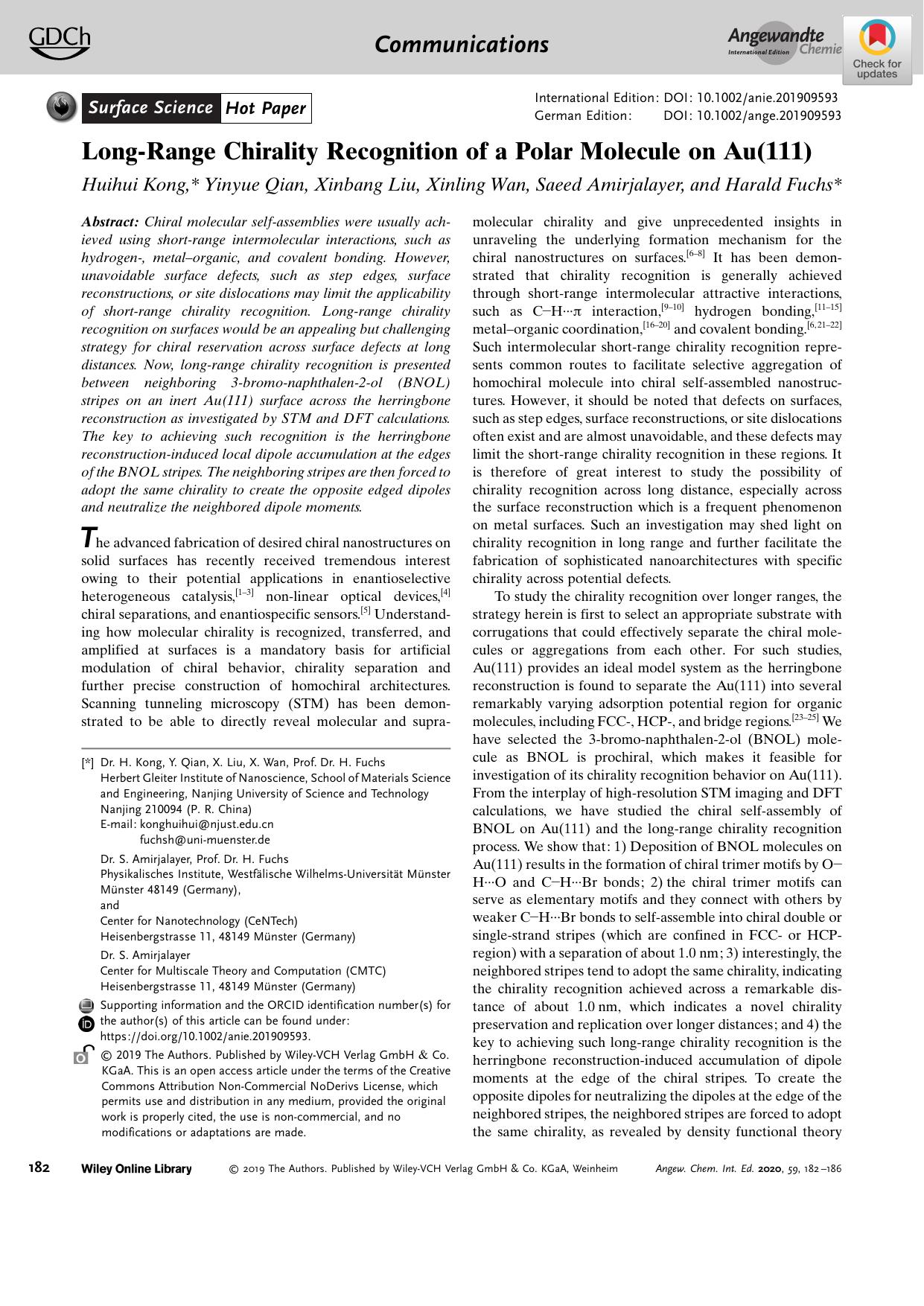 LongâRange Chirality Recognition of a Polar Molecule on Au(111) by Unknown