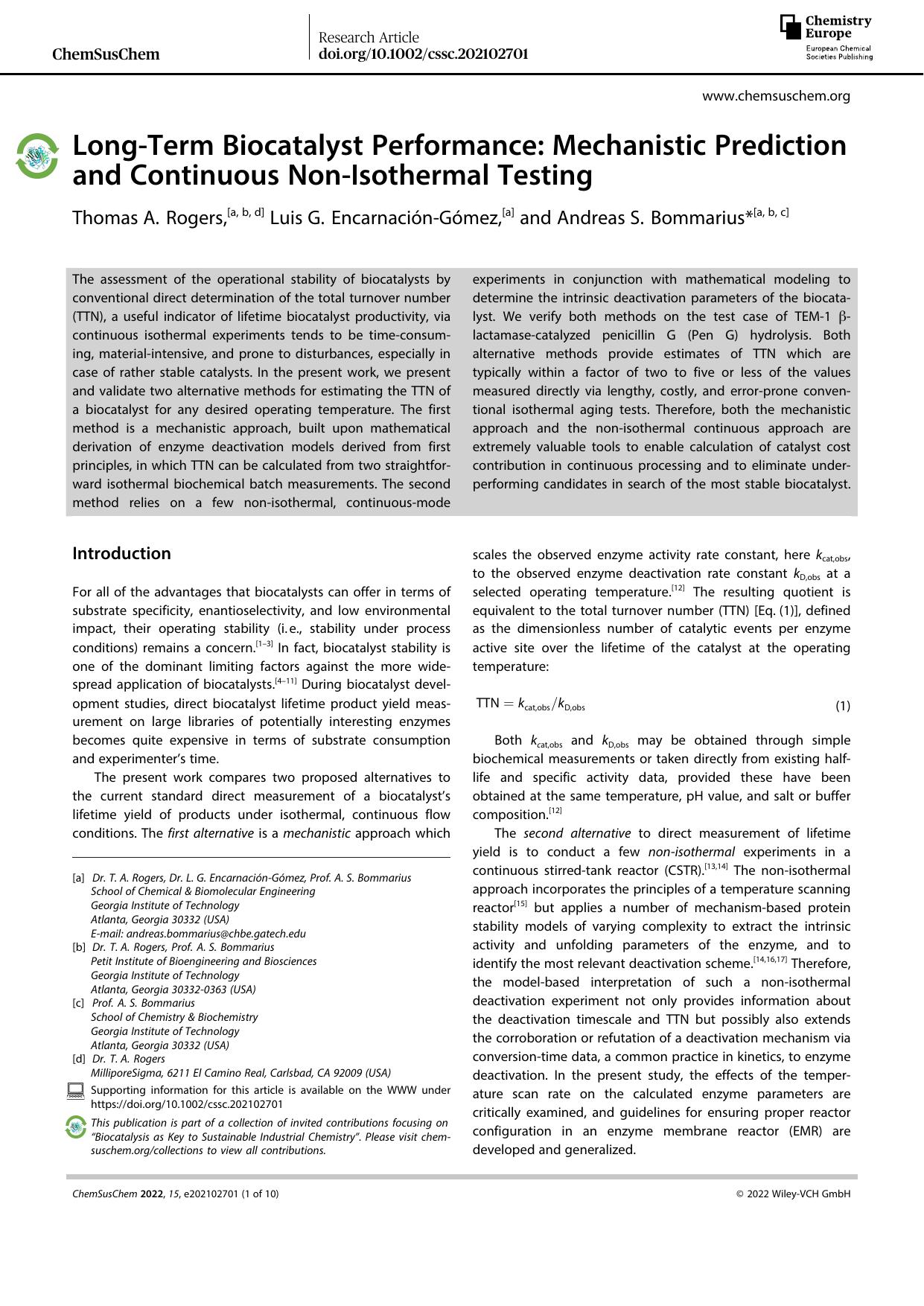 LongâTerm Biocatalyst Performance: Mechanistic Prediction and Continuous NonâIsothermal Testing by Unknown