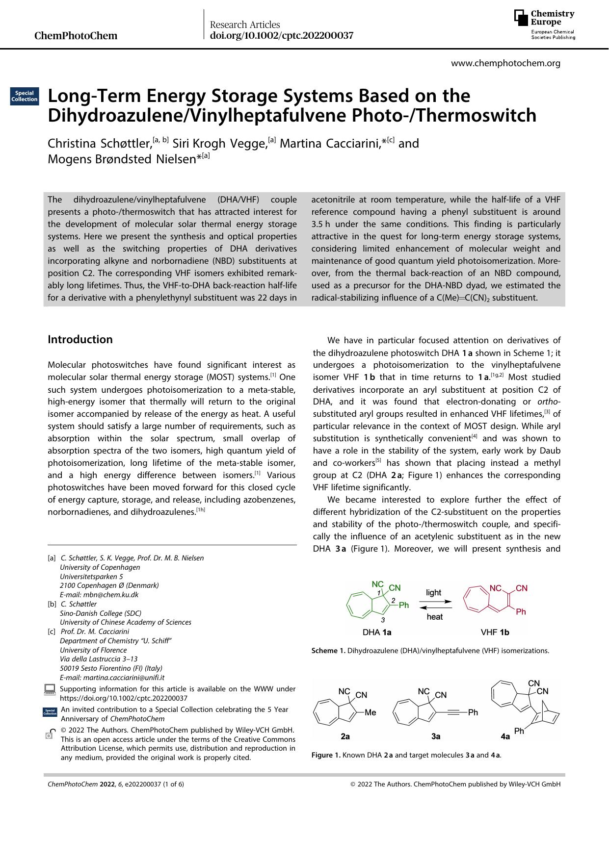 LongâTerm Energy Storage Systems Based on the DihydroazuleneVinylheptafulvene PhotoâThermoswitch by Unknown
