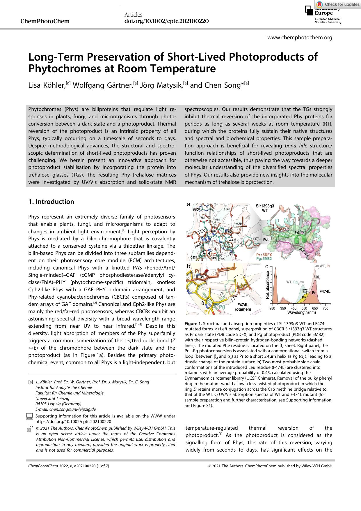 LongâTerm Preservation of ShortâLived Photoproducts of Phytochromes at Room Temperature by Unknown