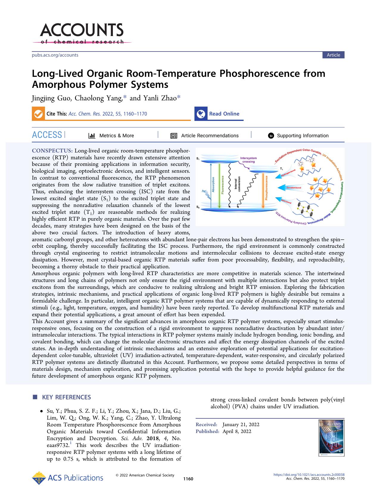 Long-Lived Organic Room-Temperature Phosphorescence from Amorphous Polymer Systems by Jingjing Guo Chaolong Yang and Yanli Zhao
