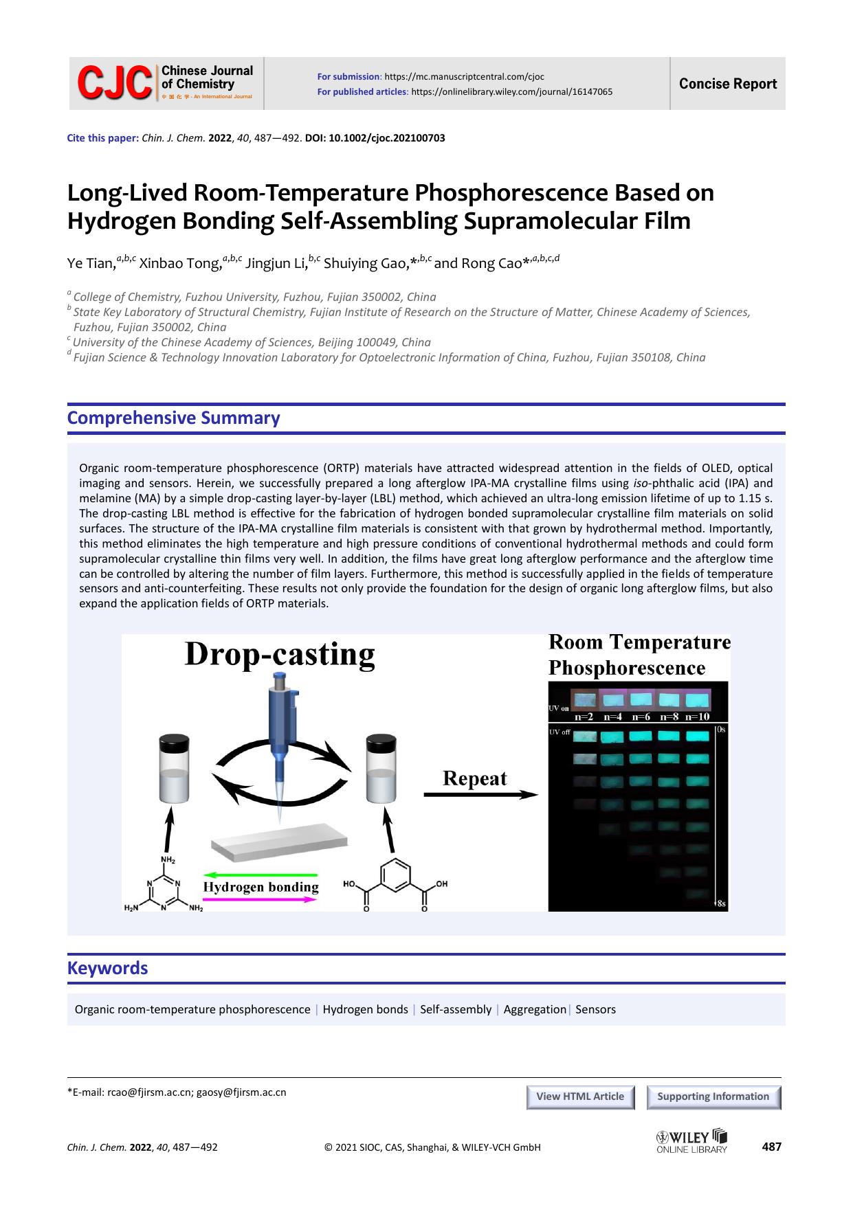 Long-Lived Room-Temperature Phosphorescence Based on Hydrogen Bonding Self-Assembling Supramolecular Film by 田野