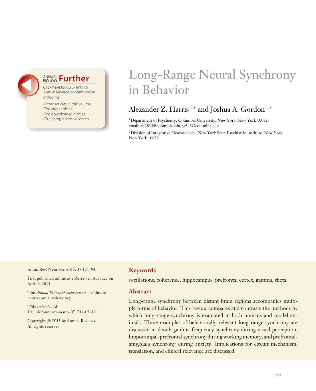 Long-Range Neural Synchrony in Behavior by Alexander Z. Harris and Joshua A. Gordon