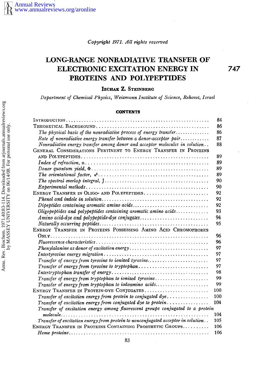 Long-Range Nonradiative Transfer of Electronic Excitation Energy in Proteins and Polypeptides by I Z Steinberg