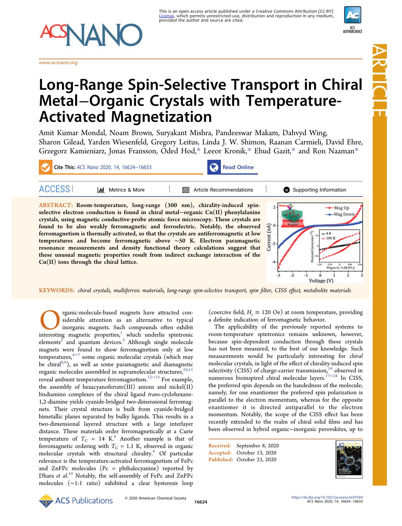 Long-Range Spin-Selective Transport in Chiral MetalâOrganic Crystals with Temperature-Activated Magnetization by unknow