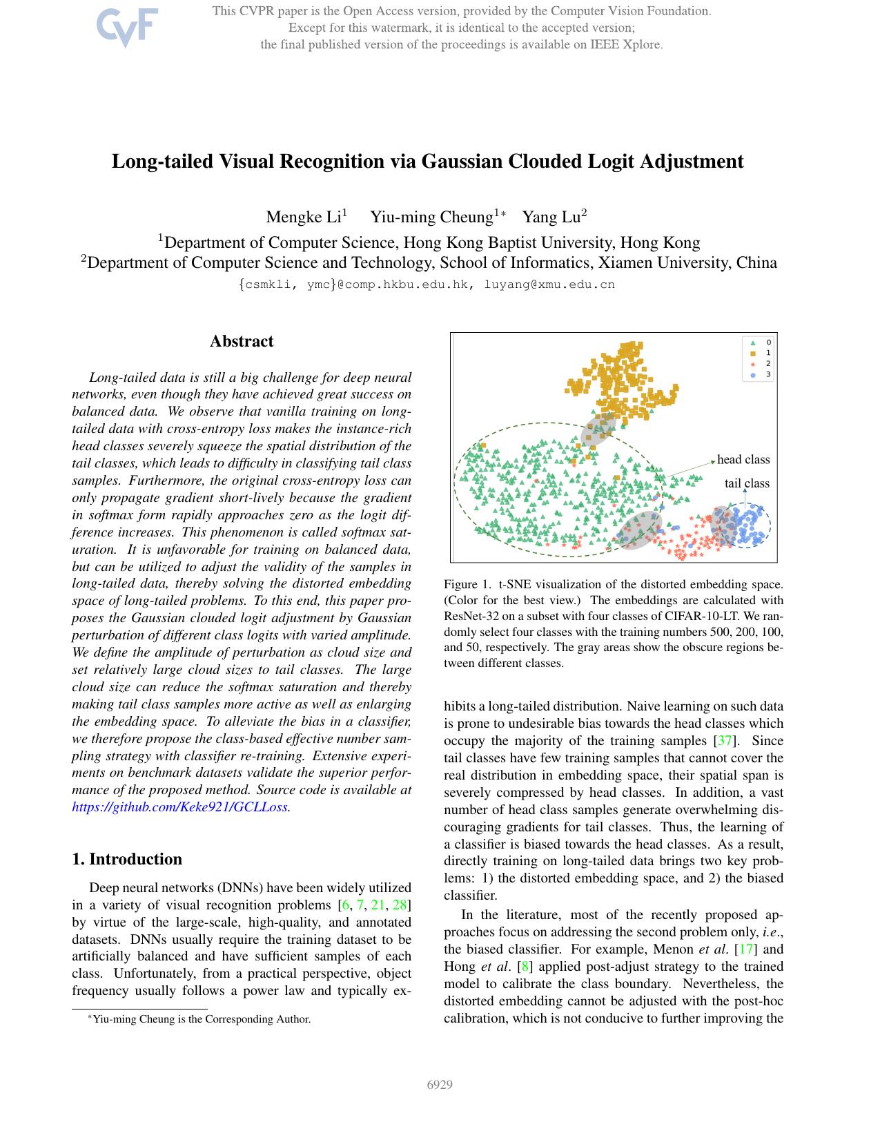 Long-Tailed Visual Recognition via Gaussian Clouded Logit Adjustment by Mengke Li & Yiu-ming Cheung & Yang Lu