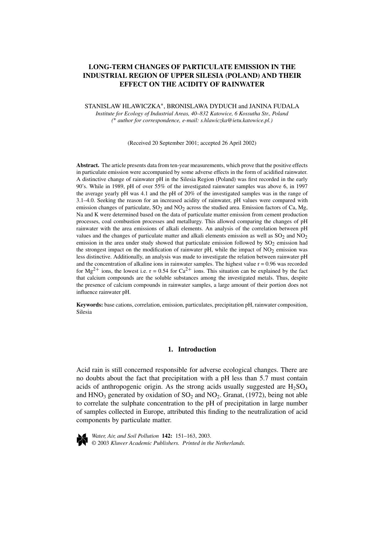 Long-Term Changes of Particulate Emission in the Industrial Region of Upper Silesia (Poland) and their Effect on the Acidity of Rainwater by Unknown