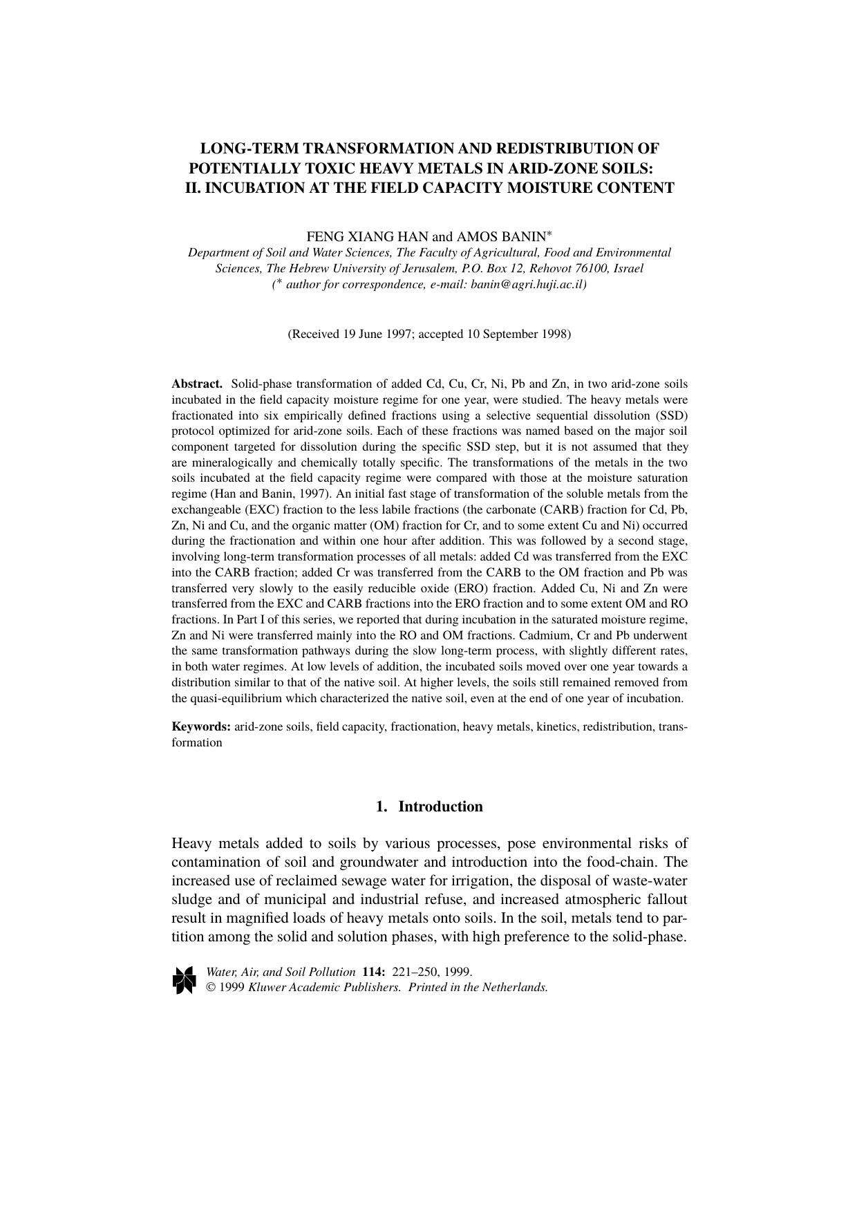 Long-Term Transformation and Redistribution of Potentially Toxic Heavy Metals in Arid-Zone Soils: II. Incubation at the Field Capacity Moisture Content by Unknown