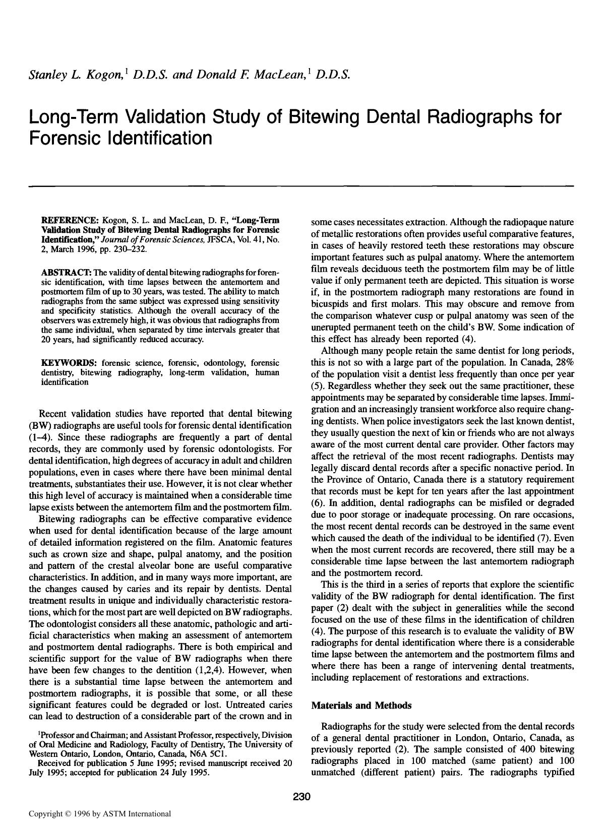 Long-Term Validation Study of Bitewing Dental Radiographs for Forensic Identification by Kogon SL MacLean DF