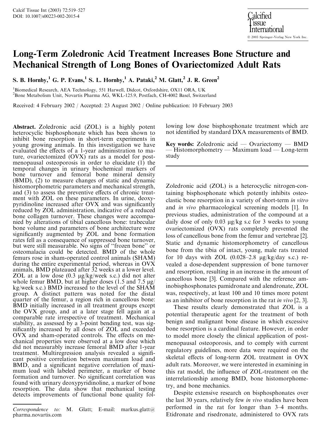 Long-Term Zoledronic Acid Treatment Increases Bone Structure and Mechanical Strength of Long Bones of Ovariectomized Adult Rats by Hornby S.B. et al