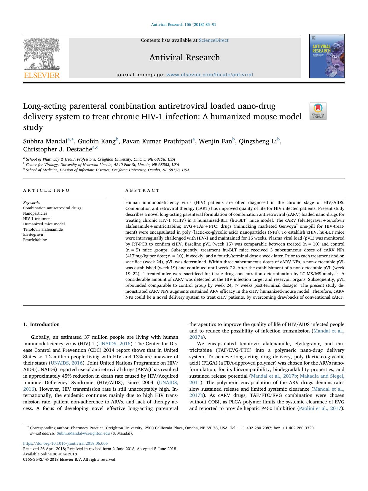 Long-acting parenteral combination antiretroviral loaded nano-drug delivery system to treat chronic HIV-1 infection_ A humanized mouse model study by unknow