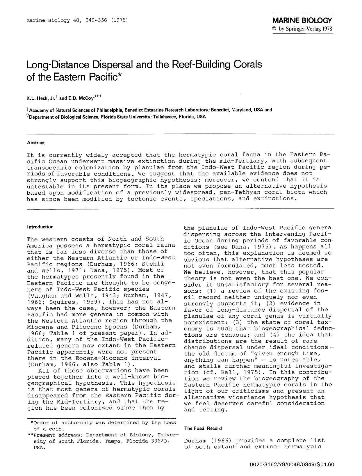 Long-distance dispersal and the reef-building corals of the Eastern Pacific by Unknown