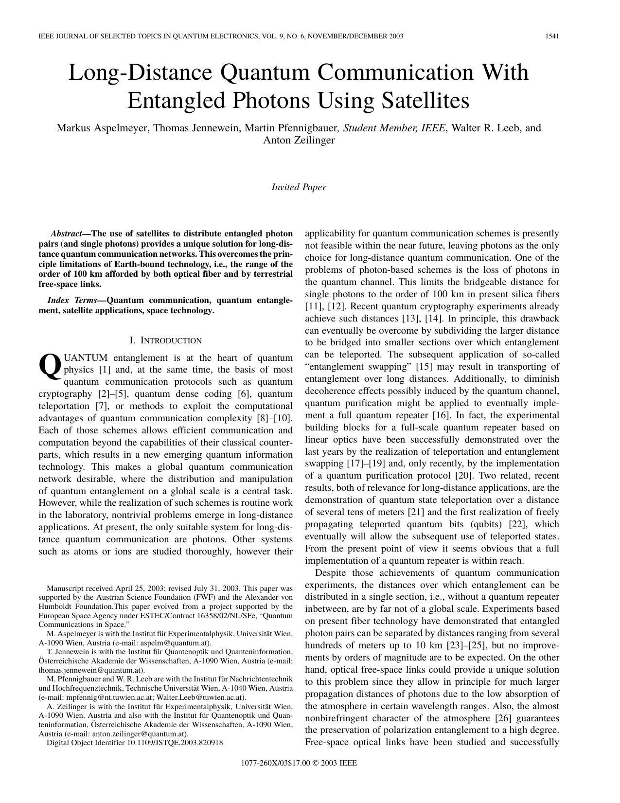 Long-distance quantum communication with entangled photons using satellites - Selected Topics in Quantum Electronics, IEEE Journal on by Unknown