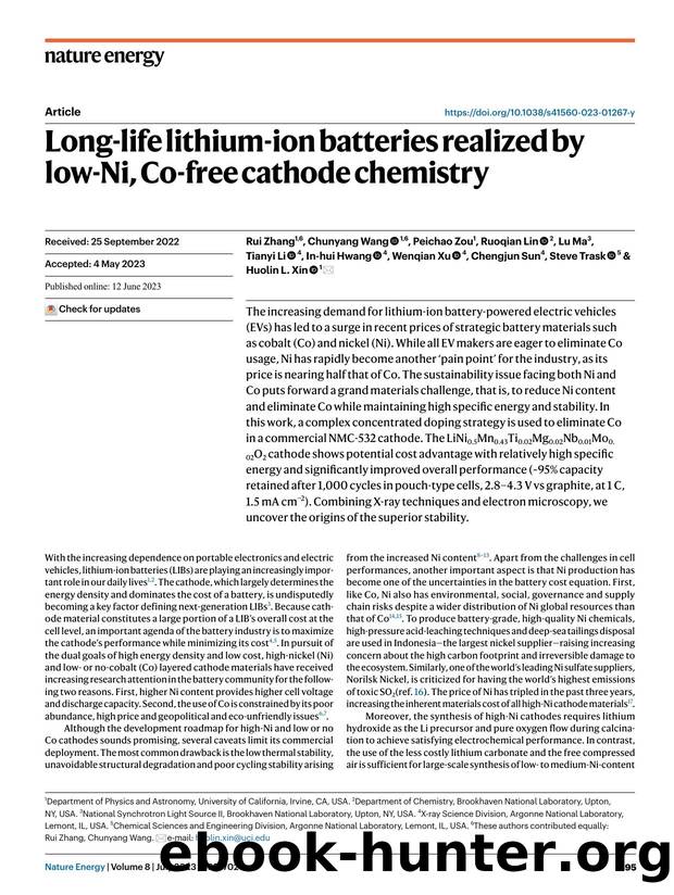 Long-life lithium-ion batteries realized by low-Ni, Co-free cathode chemistry by unknow