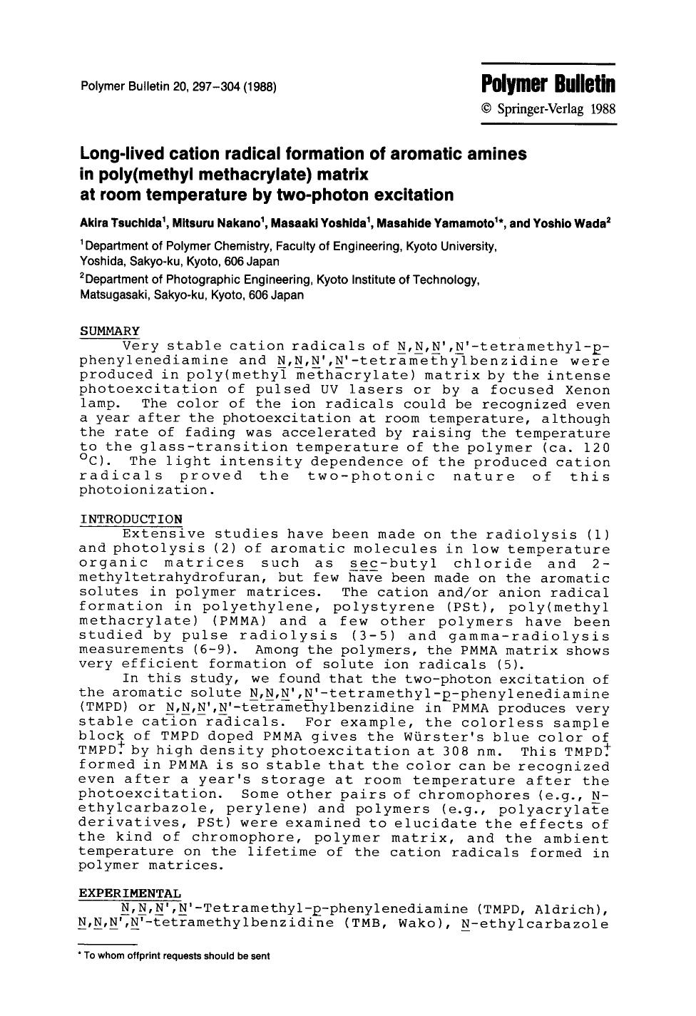 Long-lived cation radical formation of aromatic amines in poly(methyl methacrylate) matrix at room temperature by two-photon excitation by Unknown