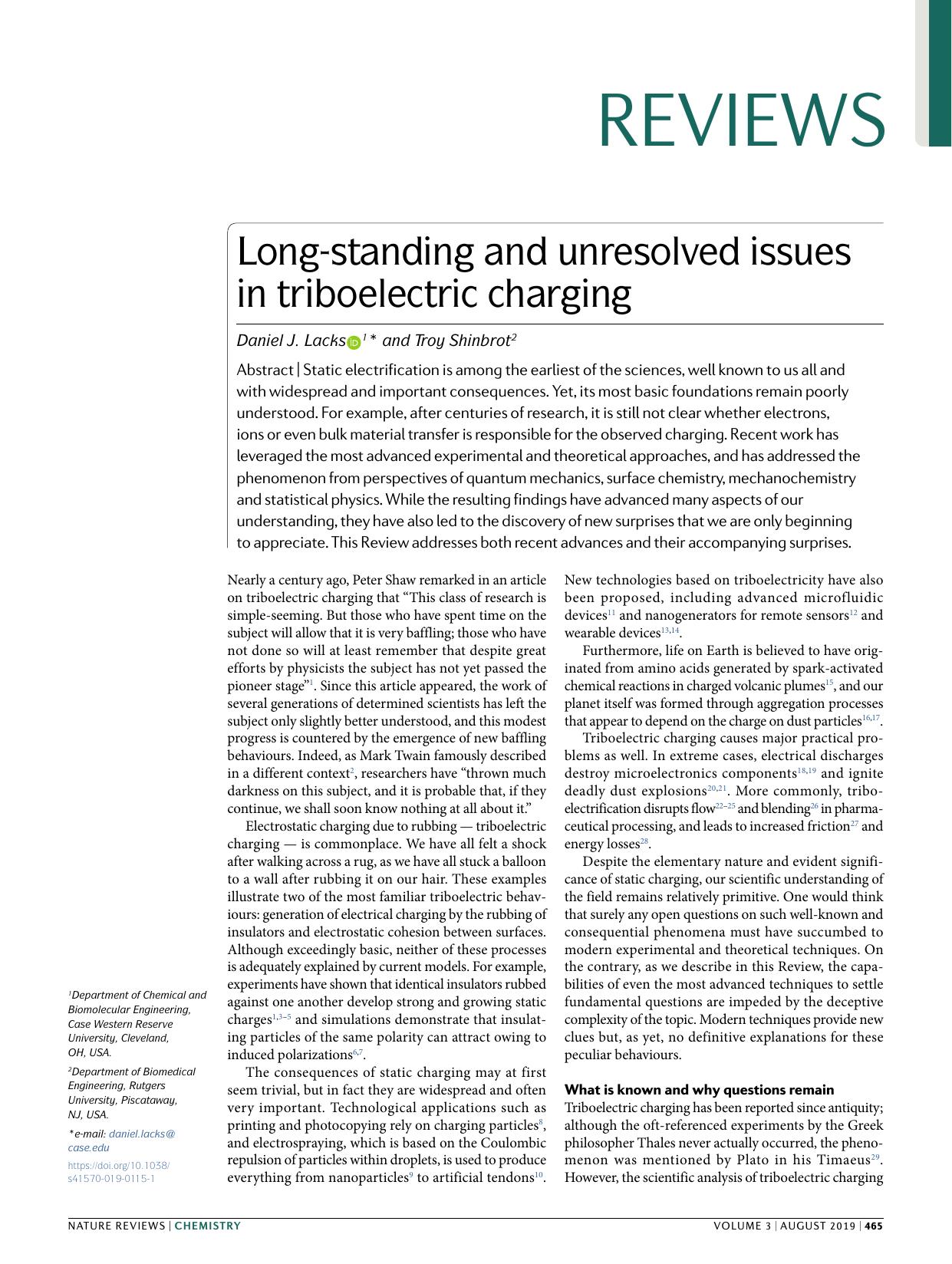 Long-standing and unresolved issues in triboelectric charging by Daniel J. Lacks & Troy Shinbrot