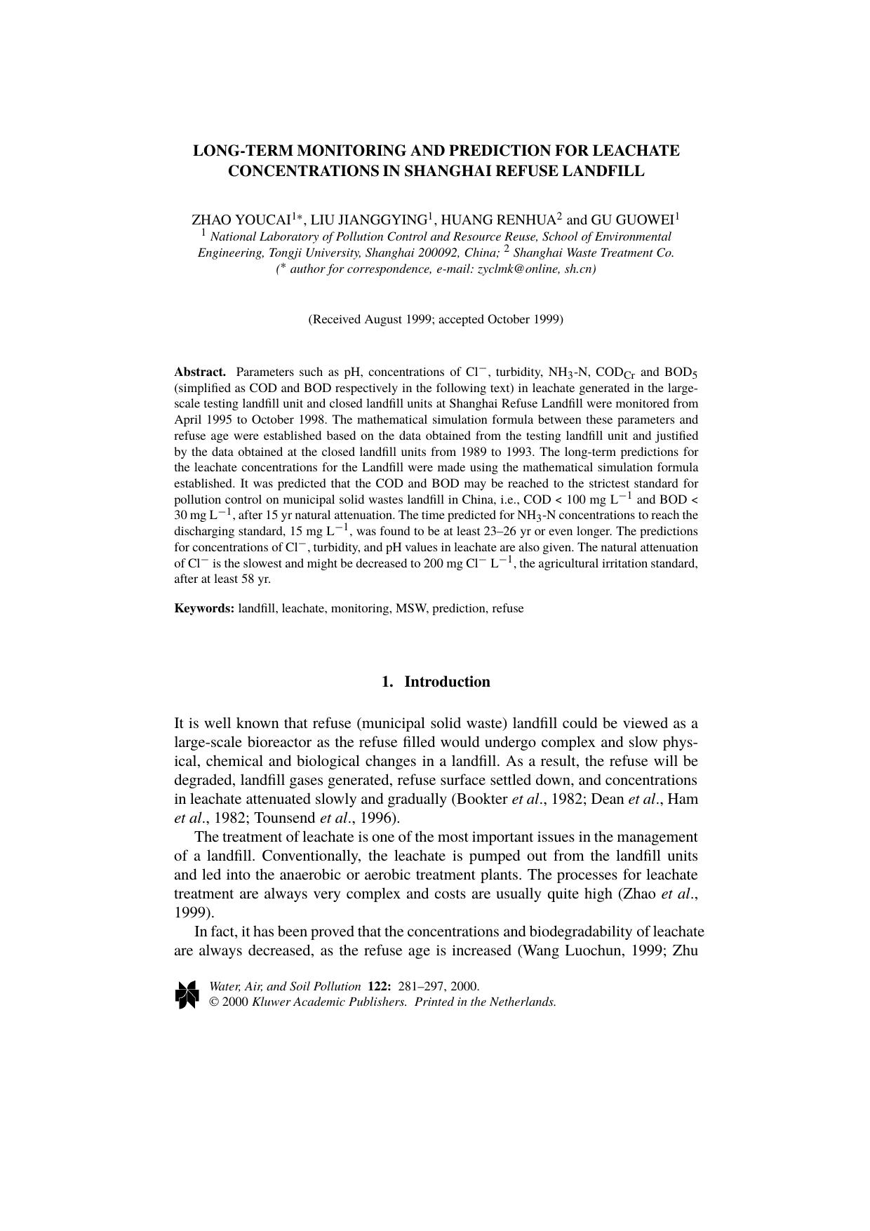 Long-term Monitoring and Prediction for Leachate Concentrations in Shanghai Refuse Landfill by Unknown