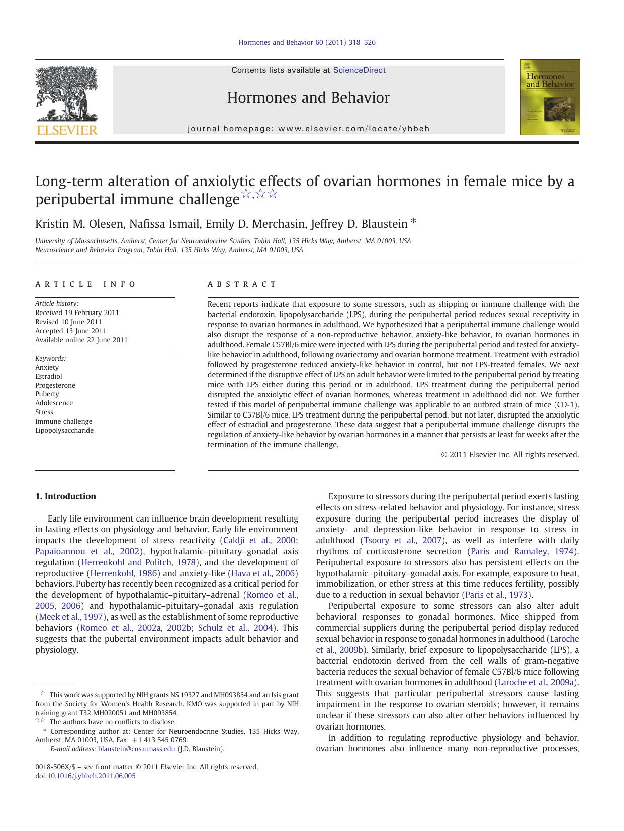 Long-term alteration of anxiolytic effects of ovarian hormones in female mice by a peripubertal immune challenge by Kristin M. Olesen & Nafissa Ismail & Emily D. Merchasin & Jeffrey D. Blaustein