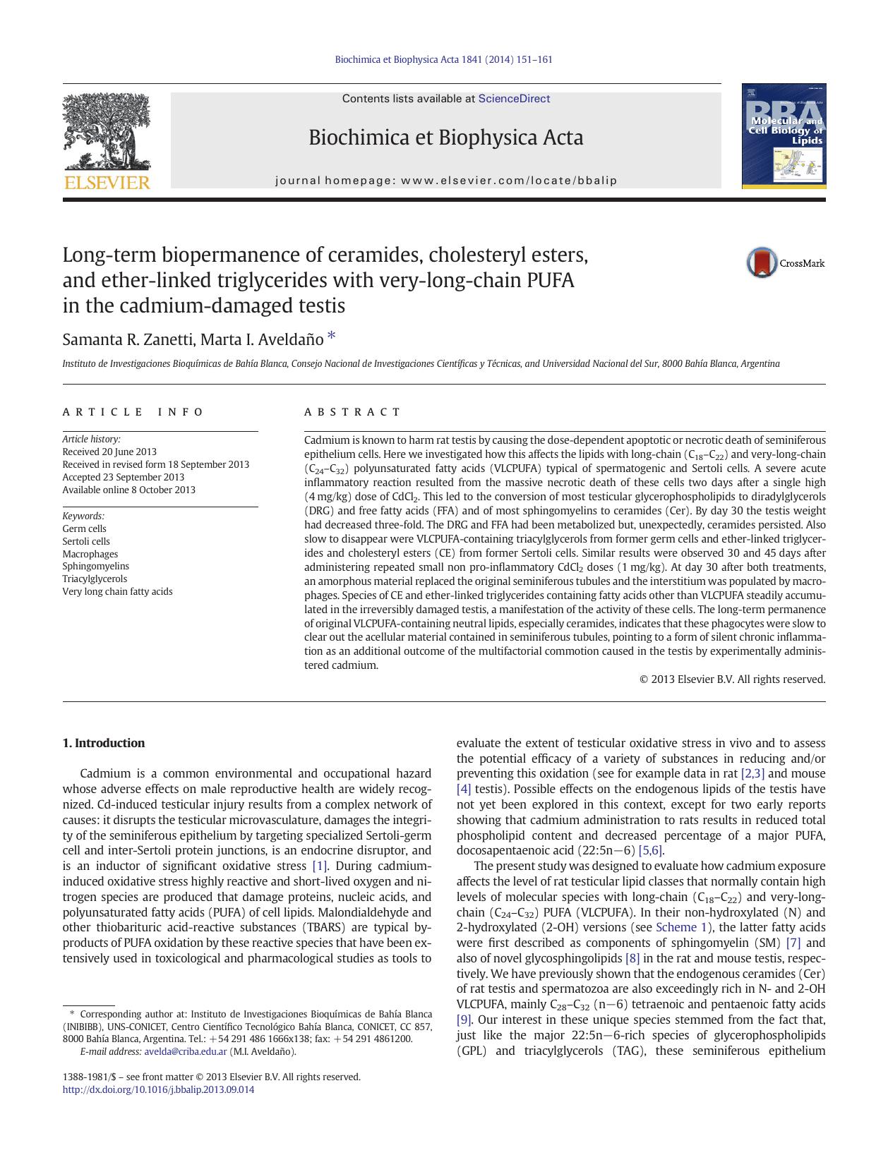 Long-term biopermanence of ceramides, cholesteryl esters, and ether-linked triglycerides with very-long-chain PUFA in the cadmium-damaged testis by Samanta R. Zanetti & Marta I. Aveldaño