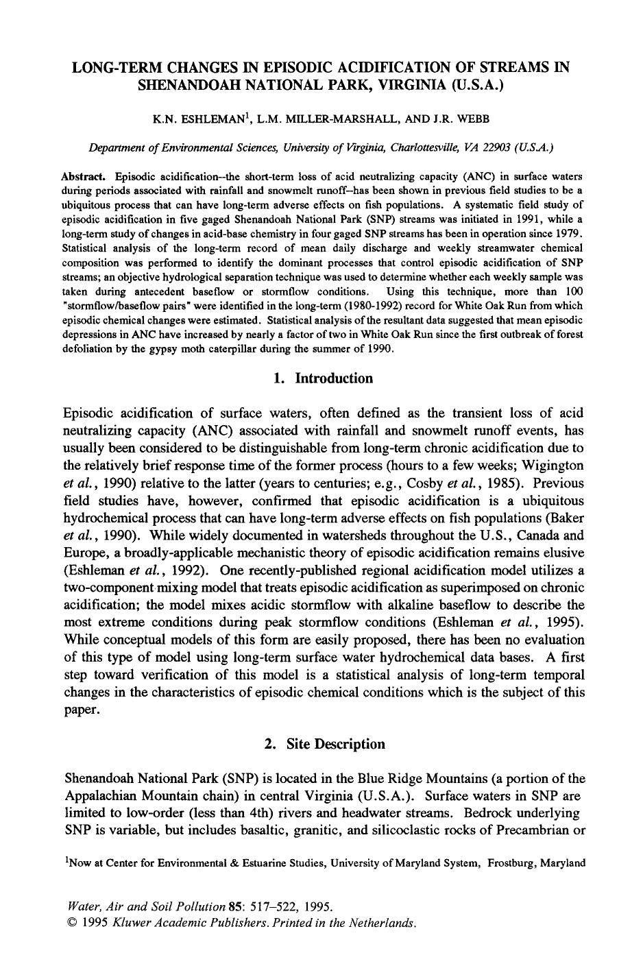 Long-term changes in episodic acidification of streams in Shenandoah National Park, Virginia (U.S.A.) by Unknown
