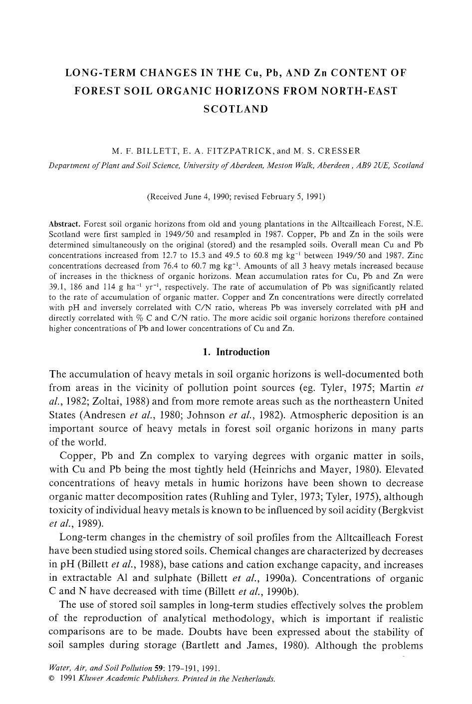 Long-term changes in the Cu, Pb, and Zn content of forest soil organic horizons from North-East Scotland by Unknown