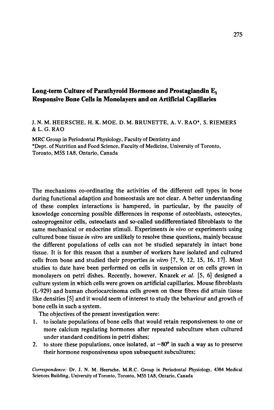 Long-term culture of parathyroid hormone and prostaglandin E <Subscript>1 <Subscript> responsive bone cells in monolayers and on artificial capillaries by Unknown