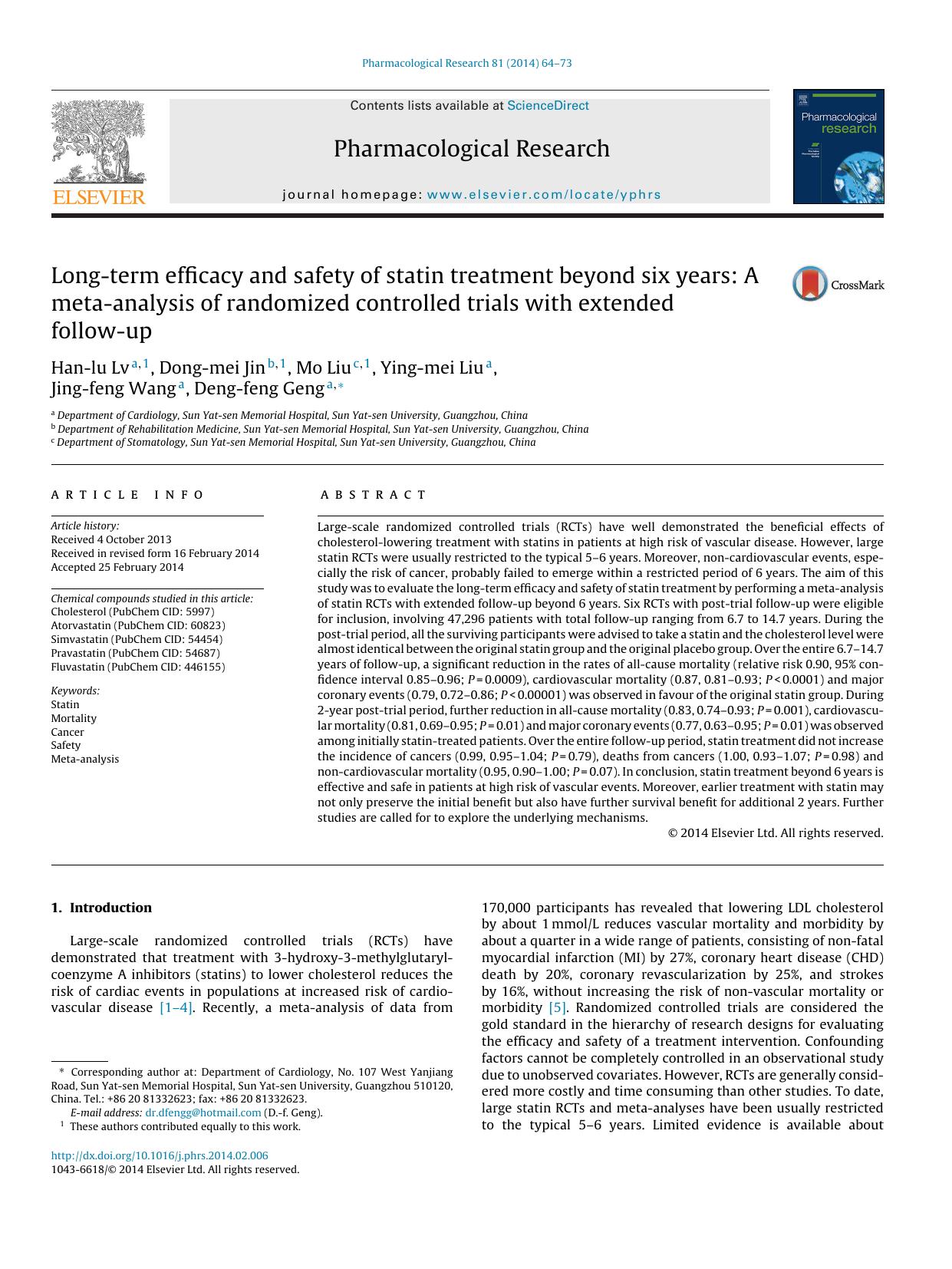 Long-term efficacy and safety of statin treatment beyond six years: A meta-analysis of randomized controlled trials with extended follow-up by Han-lu Lv & Dong-mei Jin & Mo Liu & Ying-mei Liu & Jing-feng Wang & Deng-feng Geng