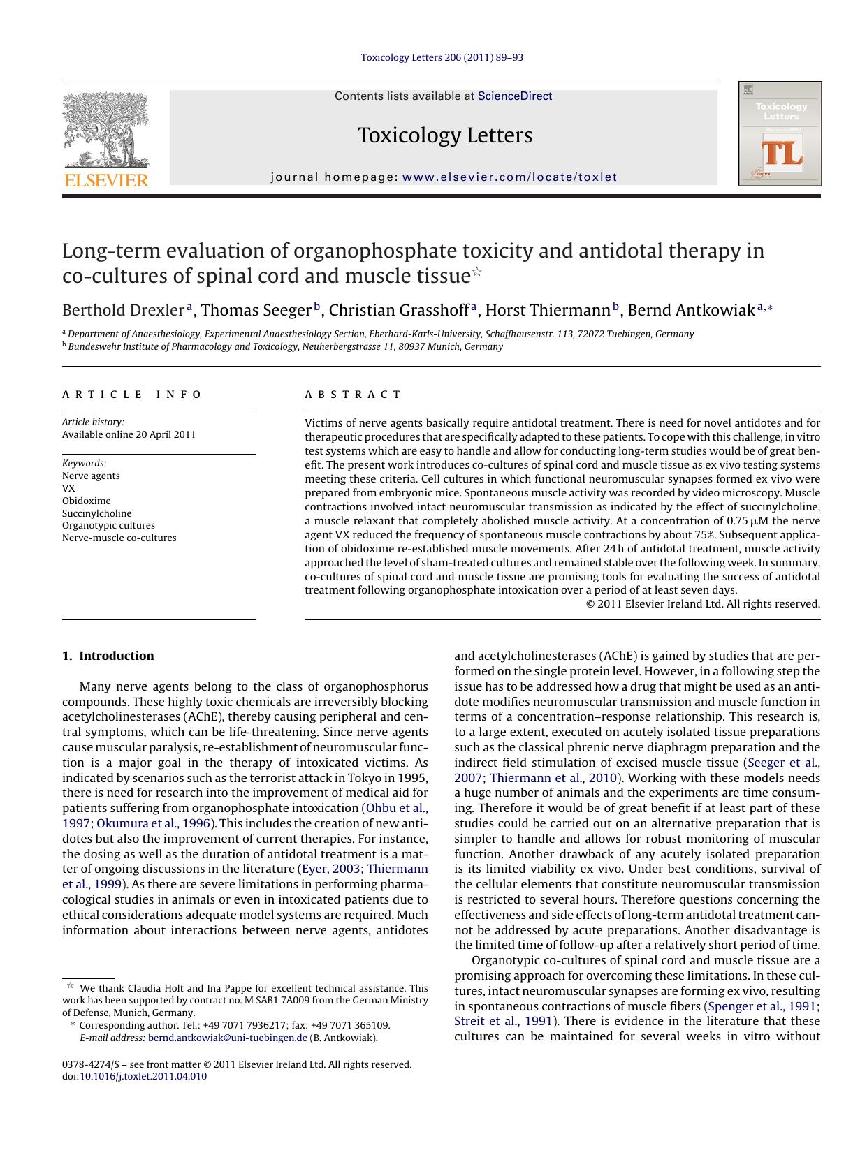Long-term evaluation of organophosphate toxicity and antidotal therapy in co-cultures of spinal cord and muscle tissue by Berthold Drexler