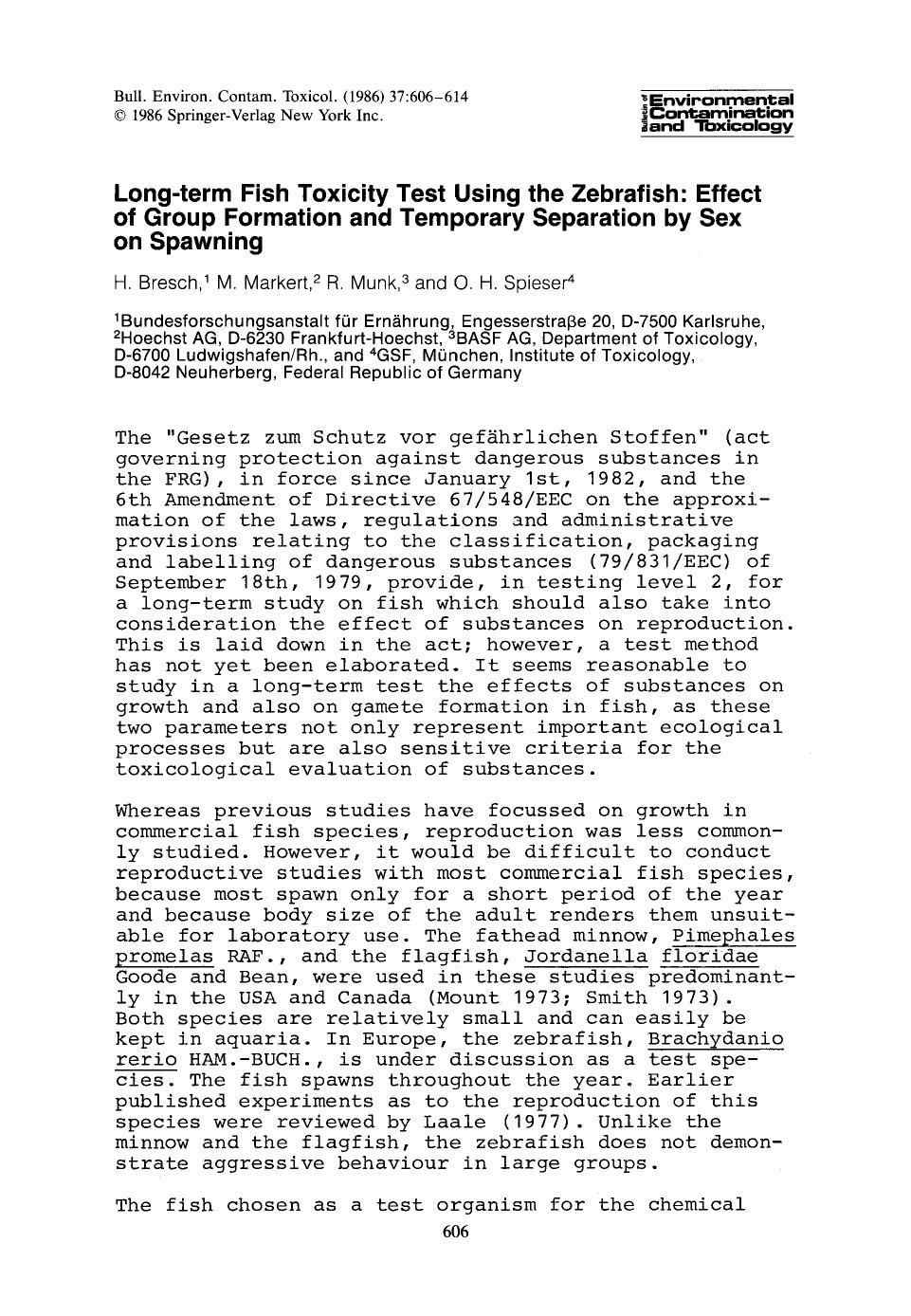 Long-term fish toxicity test using the zebrafish: Effect of group formation and temporary separation by sex on spawning by Unknown