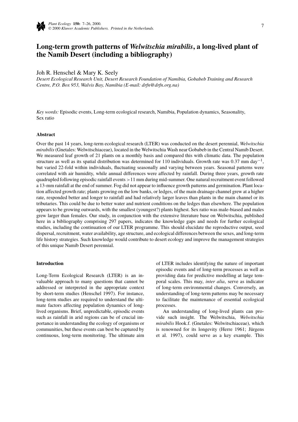 Long-term growth patterns of Welwitschia mirabilis, a long-lived plant of the Namib Desert (including a bibliography) by Unknown