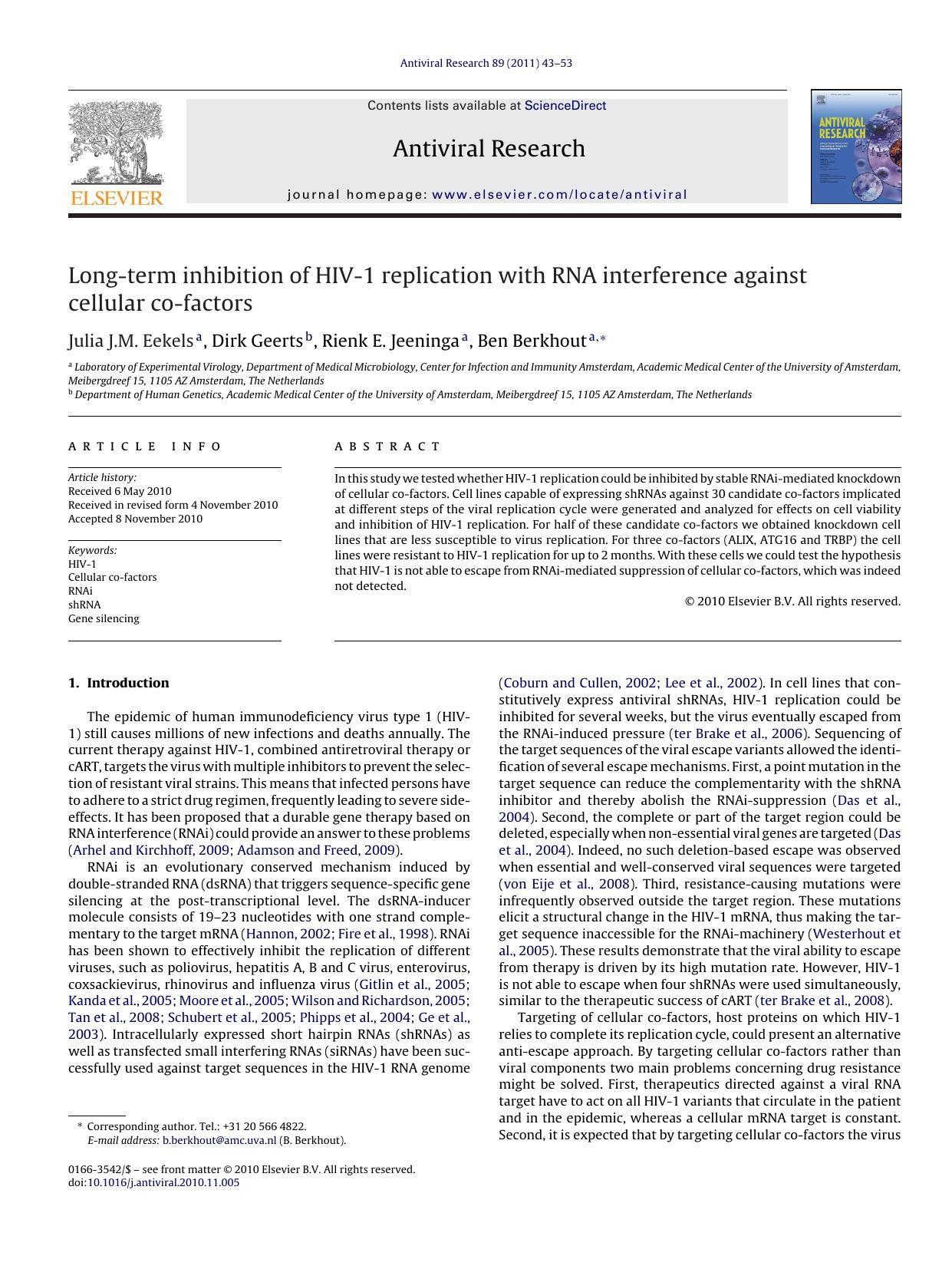 Long-term inhibition of HIV-1 replication with RNA interference against cellular co-factors by Julia J.M. Eekels