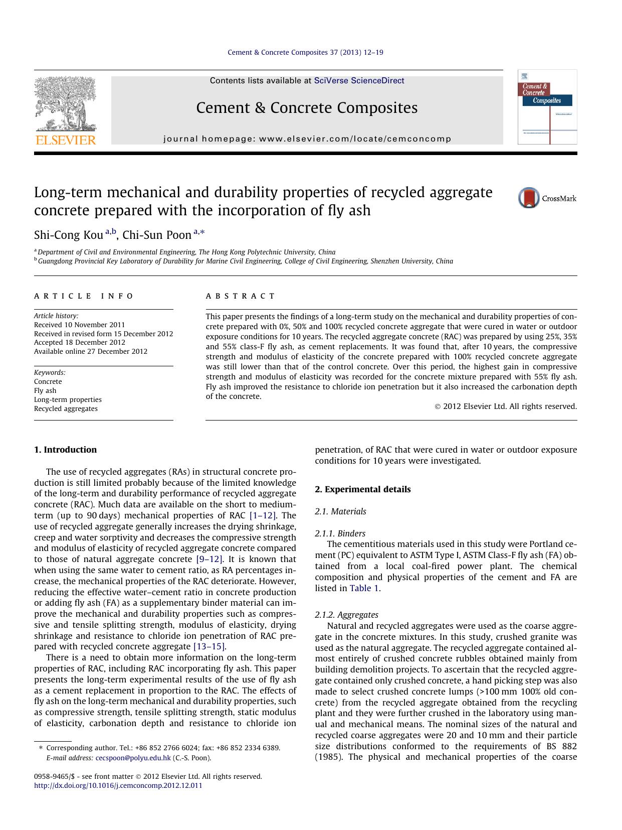 Long-term mechanical and durability properties of recycled aggregate concrete prepared with the incorporation of fly ash by Shi-Cong Kou & Chi-Sun Poon