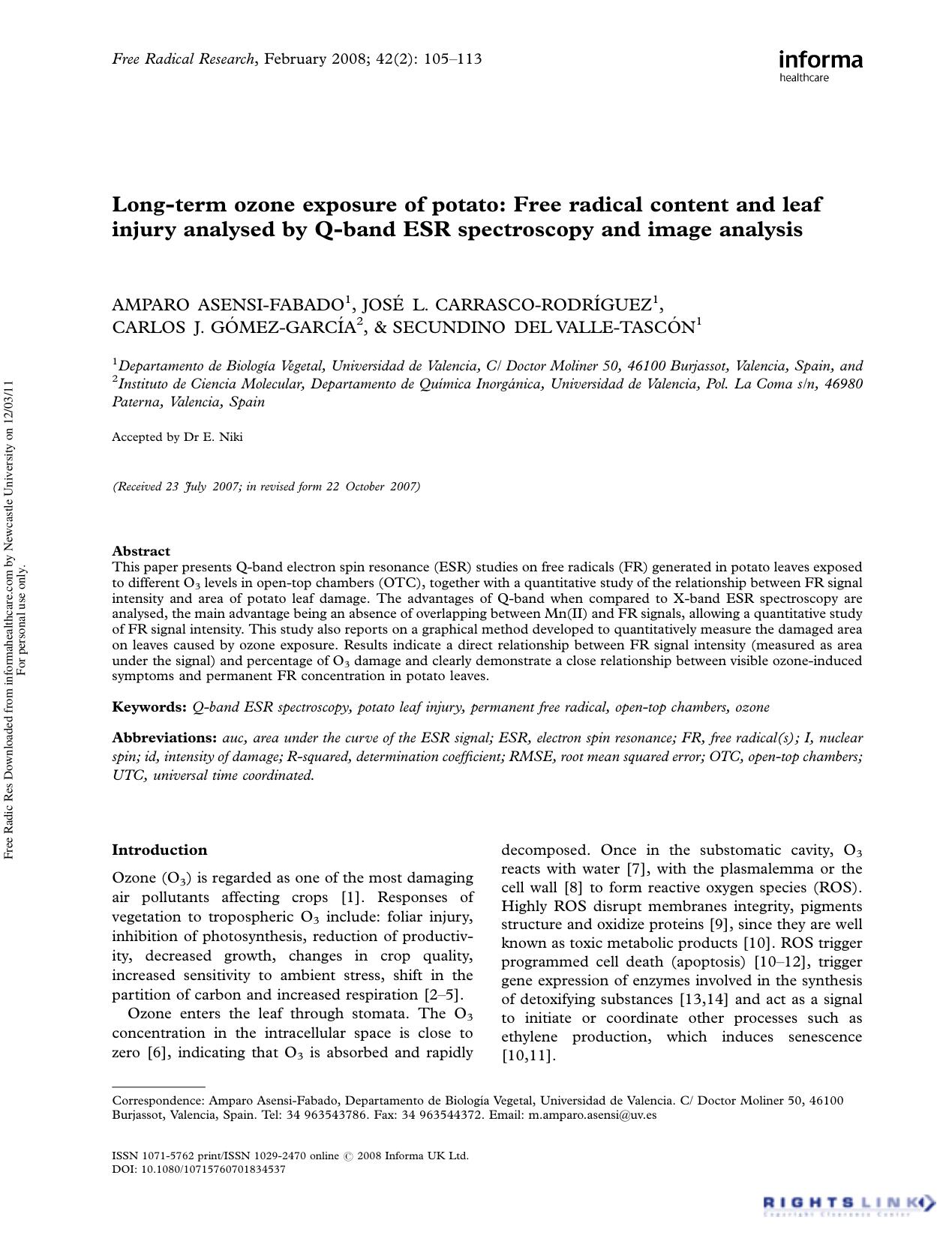Long-term ozone exposure of potato: Free radical content and leaf injury analysed by Q-band ESR spectroscopy and image analysis by unknow