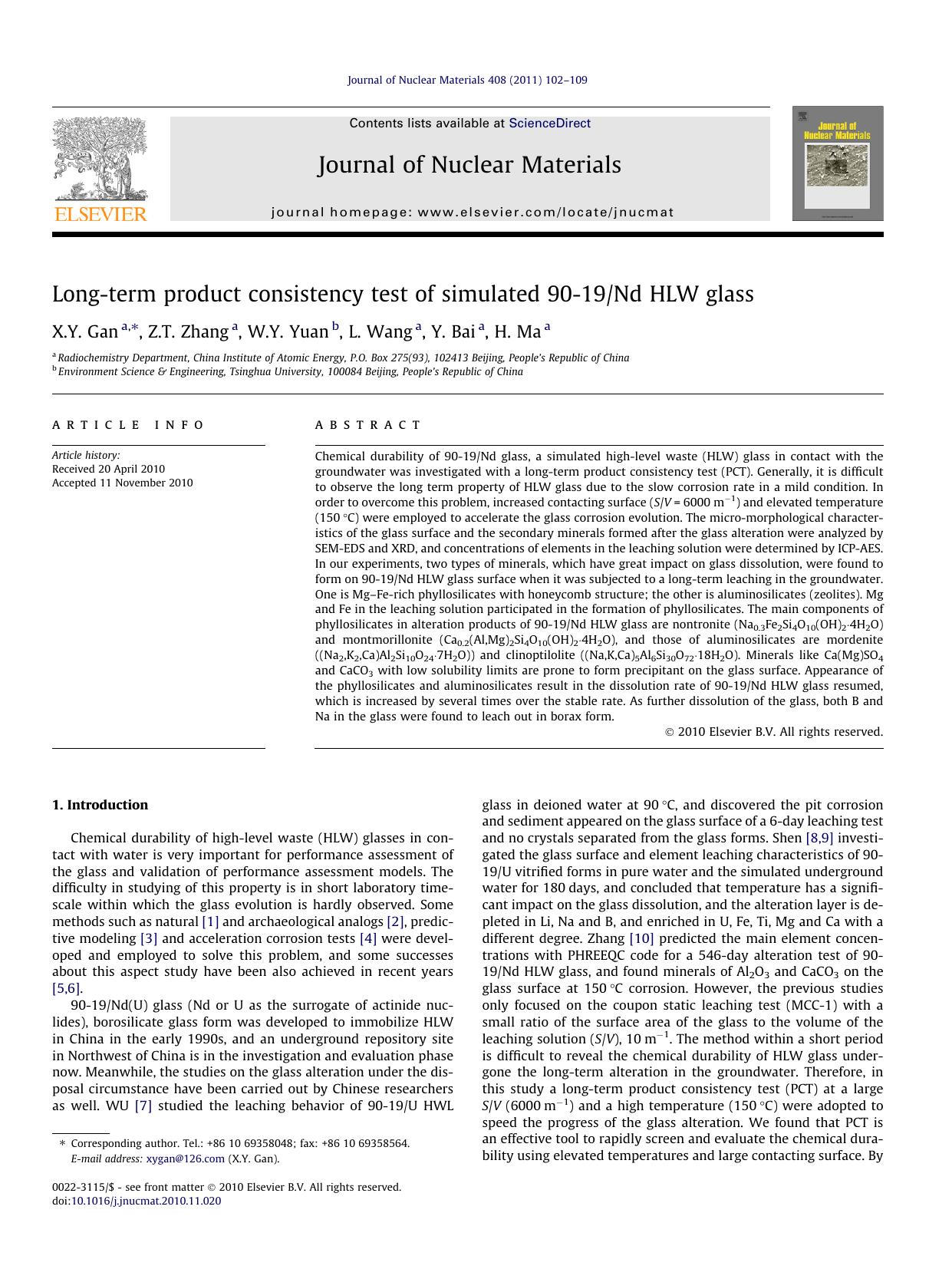 Long-term product consistency test of simulated 90-19Nd HLW glass by X.Y. Gan & Z.T. Zhang & W.Y. Yuan & L. Wang & Y. Bai & H. Ma