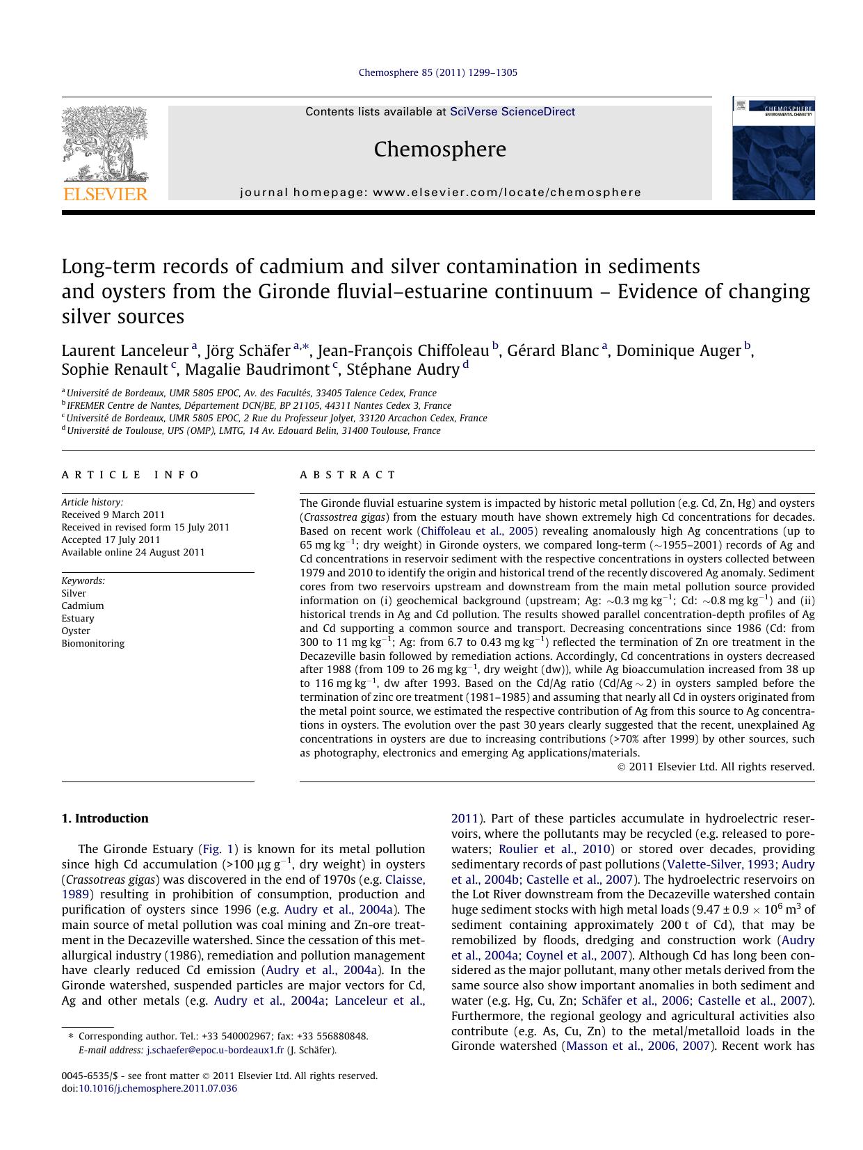 Long-term records of cadmium and silver contamination in sediments and oysters from the Gironde fluvialÃ¢â¬âestuarine continuum Ã¢â¬â Evidence of changing silver sources by unknow