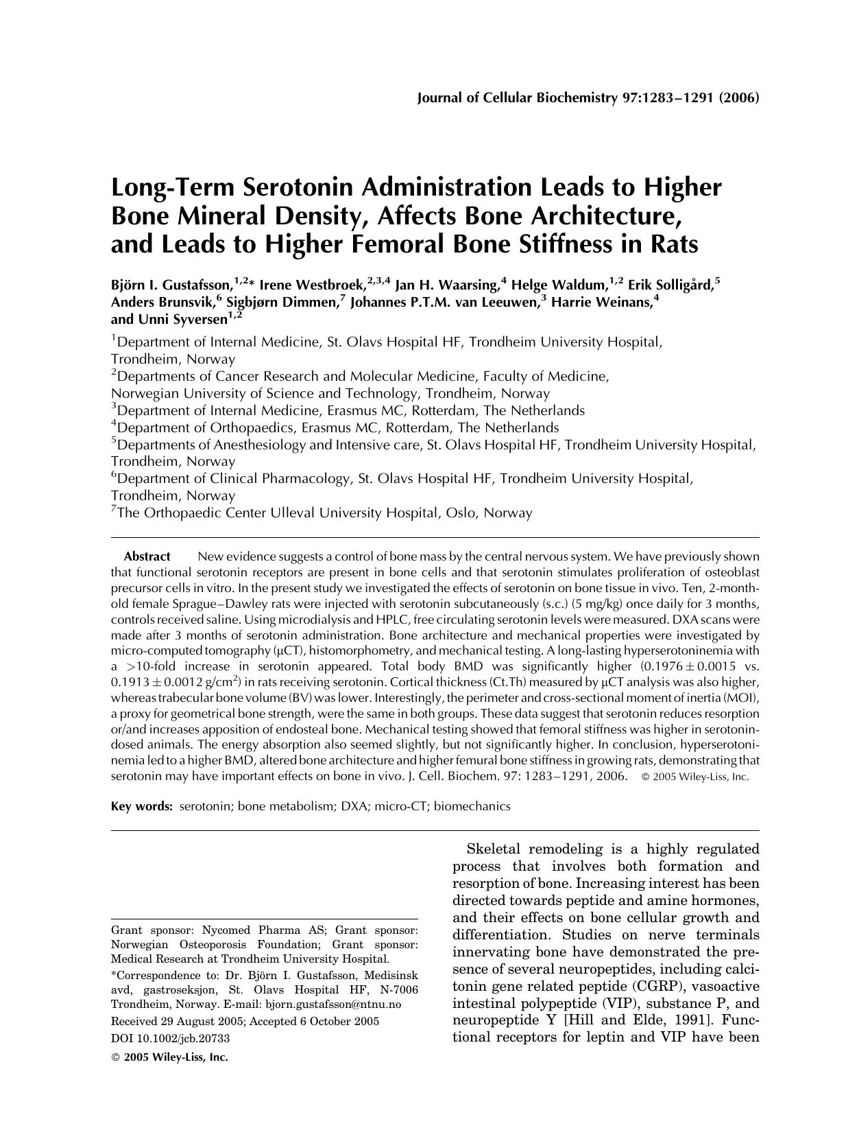 Long-term serotonin administration leads to higher bone mineral density, affects bone architecture, and leads to higher femoral bone stiffness in rats by Unknown