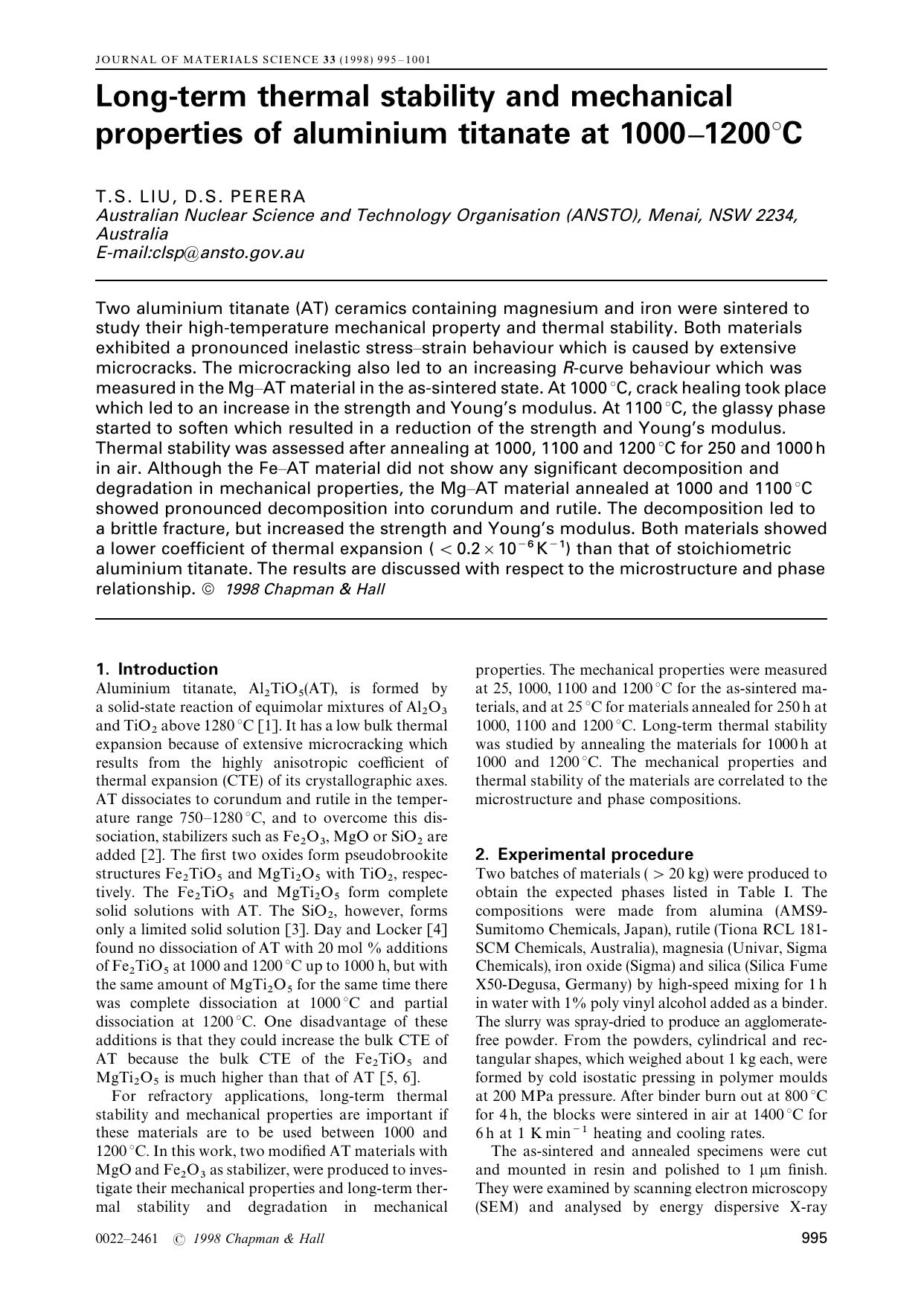 Long-term thermal stability and mechanical properties of aluminium titanate at 1000–1200°C by Unknown
