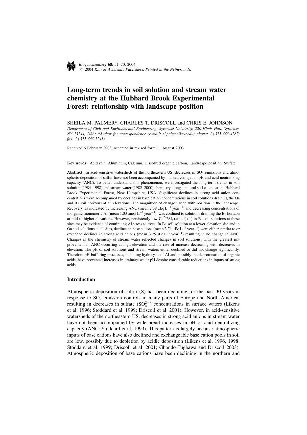 Long-term trends in soil solution and stream water chemistry at the Hubbard Brook Experimental Forest: relationship with landscape position by Unknown