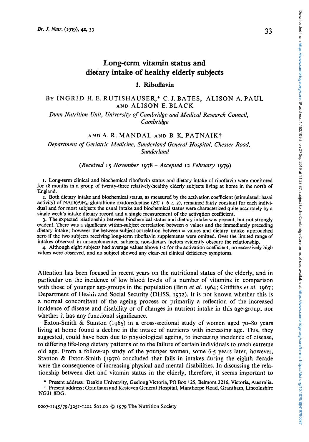 Long-term vitamin status and dietary intake of healthy elderly subjects by Ingrid H. E. Rutishauser C. J. Bates Alison A. Paul Alison E. Black A. R. Mandal B. K. Patnaikt