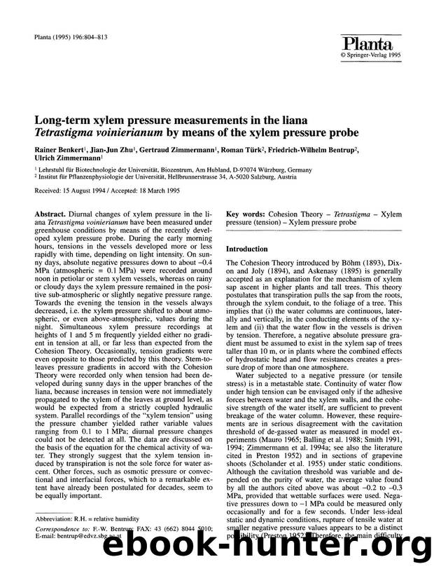 Long-term xylem pressure measurements in the liana <Emphasis Type="Italic">Tetrastigma voinierianum<Emphasis> by means of the xylem pressure probe by Unknown