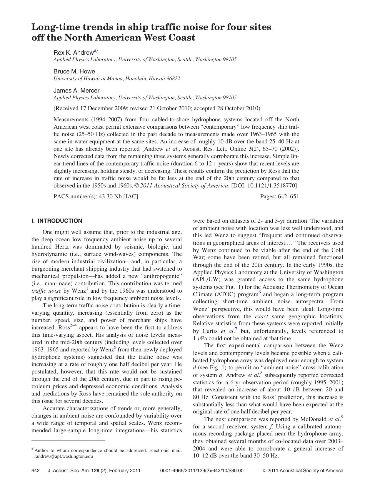 Long-time trends in ship traffic noise for four sites off the North American West Coast by Rex K. Andrew & Bruce M. Howe & James A. Mercer