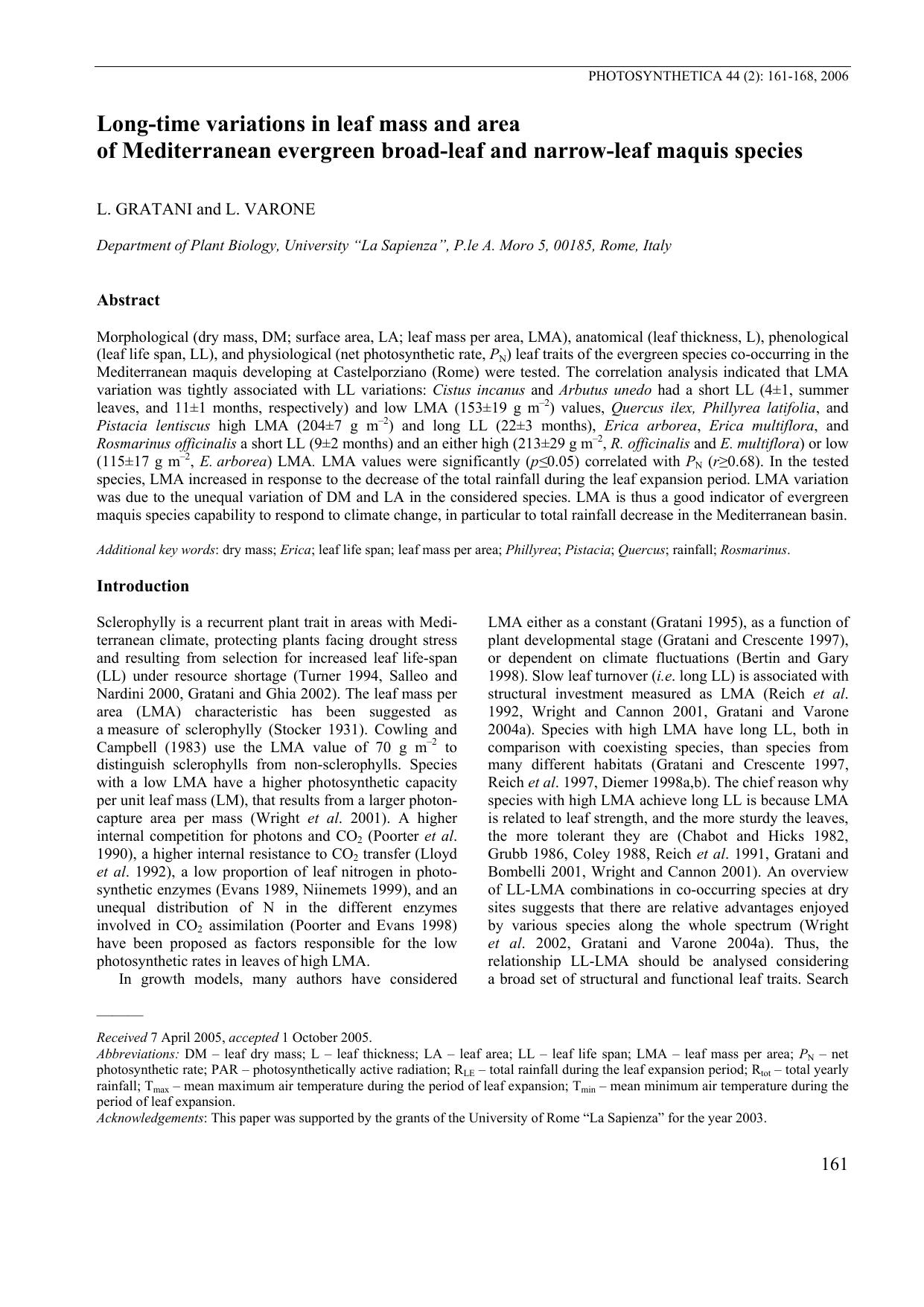 Long-time variations in leaf mass and area of Mediterranean evergreen broad-leaf and narrow-leaf maquis species by Unknown