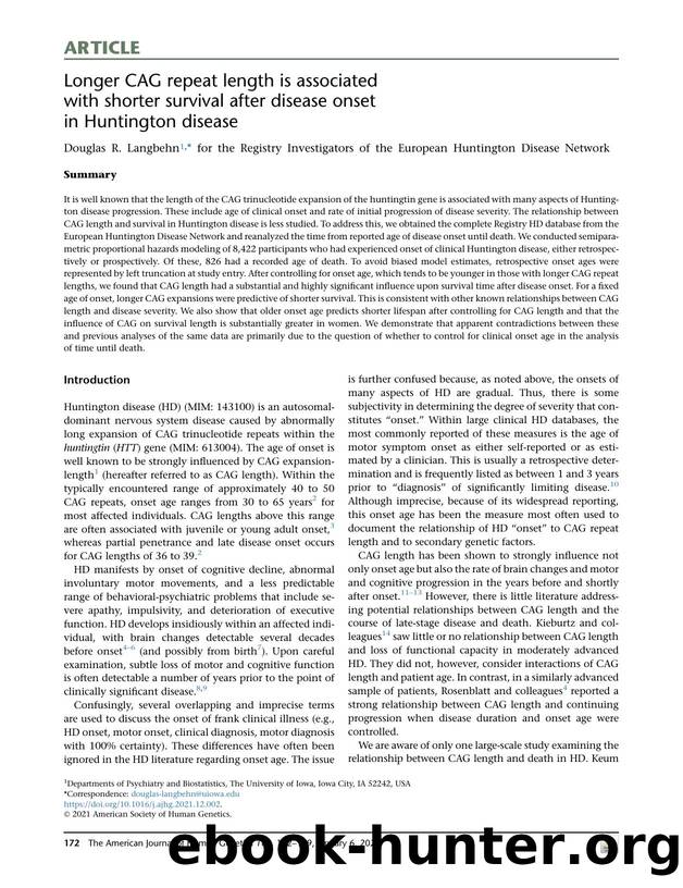 Longer CAG repeat length is associated with shorter survival after disease onset in Huntington disease by Douglas R. Langbehn & for the Registry Investigators of the European Huntington Disease Network