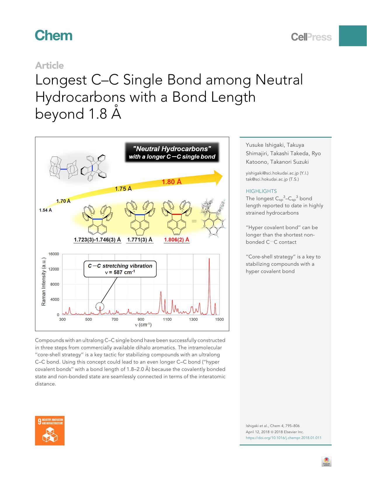 Longest C-C Single Bond among Neutral Hydrocarbons with a Bond Length beyond&nbsp;1.8&nbsp;&Aring; by Yusuke Ishigaki & Takuya Shimajiri & Takashi Takeda & Ryo Katoono & Takanori Suzuki