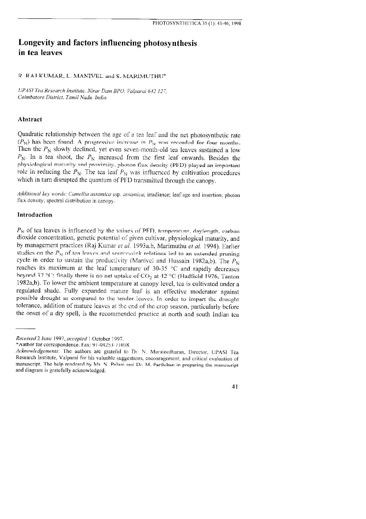 Longevity and factors influencing photosynthesis in tea leaves by Unknown