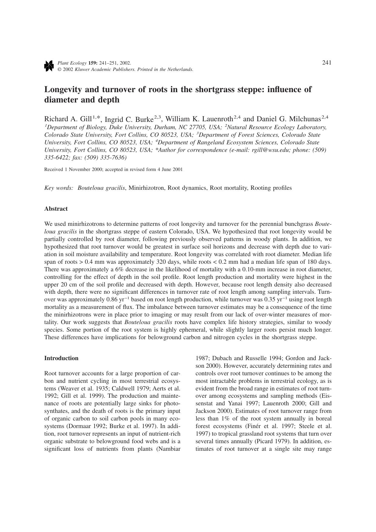 Longevity and turnover of roots in the shortgrass steppe: influence of diameter and depth by Unknown