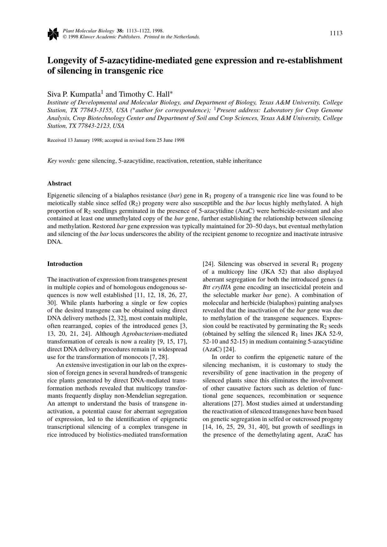 Longevity of 5-azacytidine-mediated gene expression and re-establishment of silencing in transgenic rice by Unknown