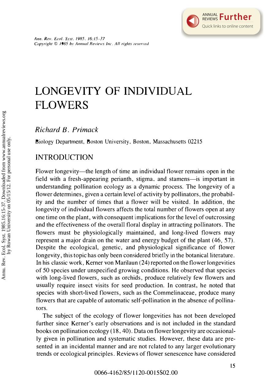 Longevity of Individual Flowers by R B Primack