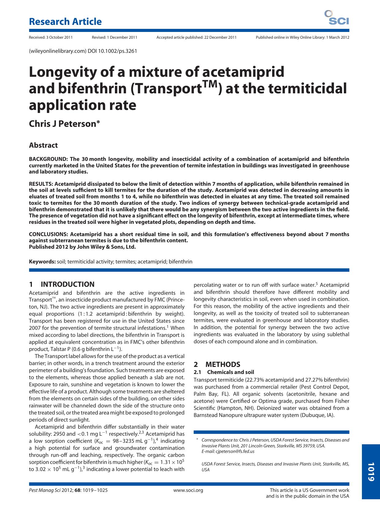 Longevity of a mixture of acetamiprid and bifenthrin (TransportTM) at the termiticidal application rate by Unknown